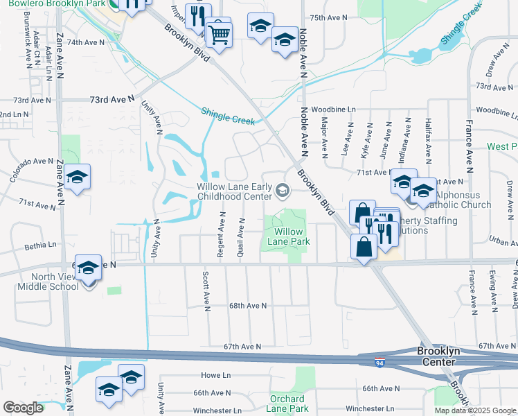 map of restaurants, bars, coffee shops, grocery stores, and more near 7025 Perry Avenue North in Minneapolis