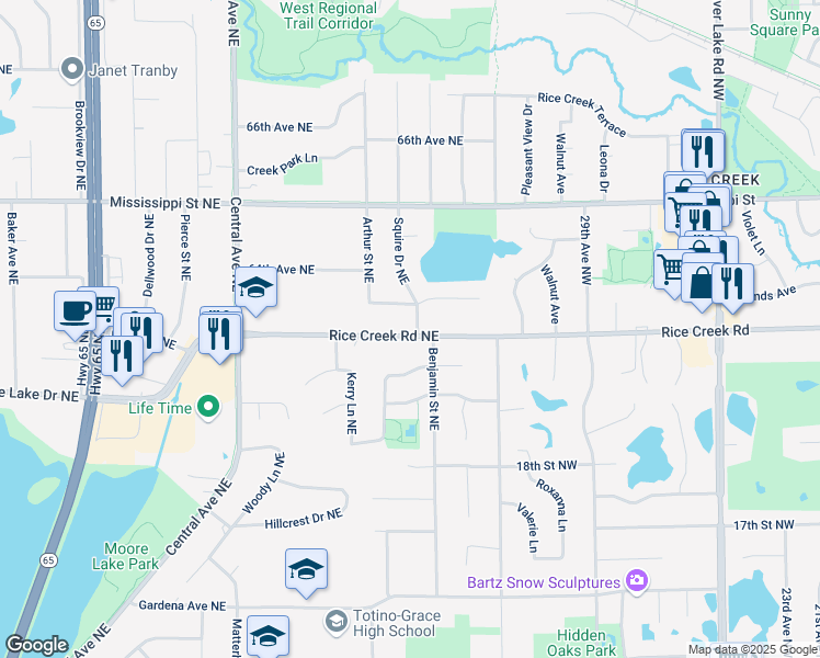 map of restaurants, bars, coffee shops, grocery stores, and more near 1561 Rice Creek Road Northeast in Fridley