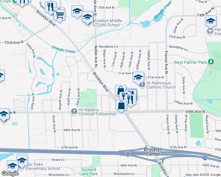 map of restaurants, bars, coffee shops, grocery stores, and more near 7018 Brooklyn Boulevard in Minneapolis