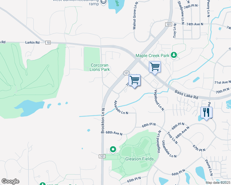 map of restaurants, bars, coffee shops, grocery stores, and more near 6942 Alvarado Lane North in Maple Grove