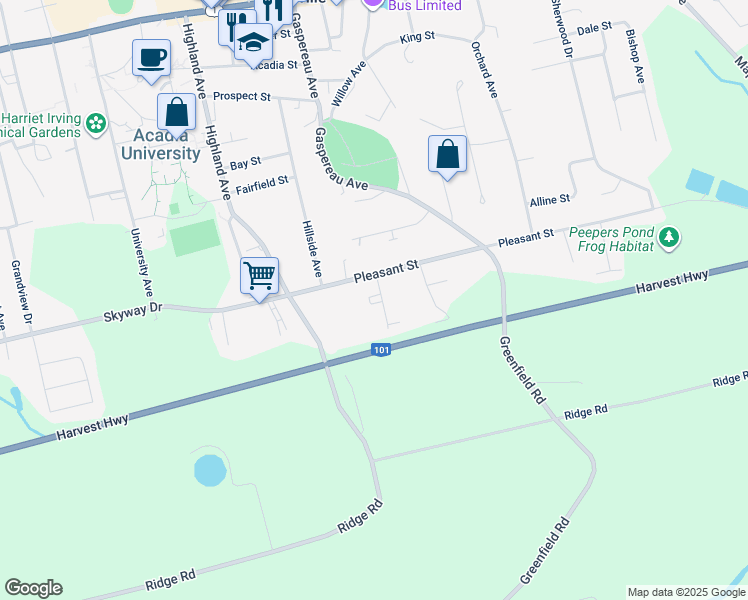 map of restaurants, bars, coffee shops, grocery stores, and more near 16 Evangeline Court in Wolfville