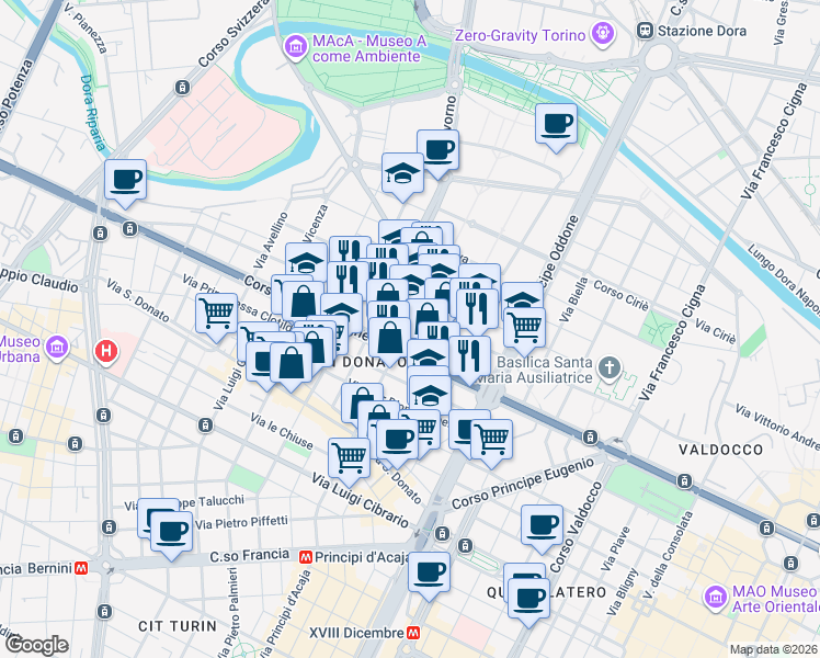 map of restaurants, bars, coffee shops, grocery stores, and more near 5 Via Bari in Torino