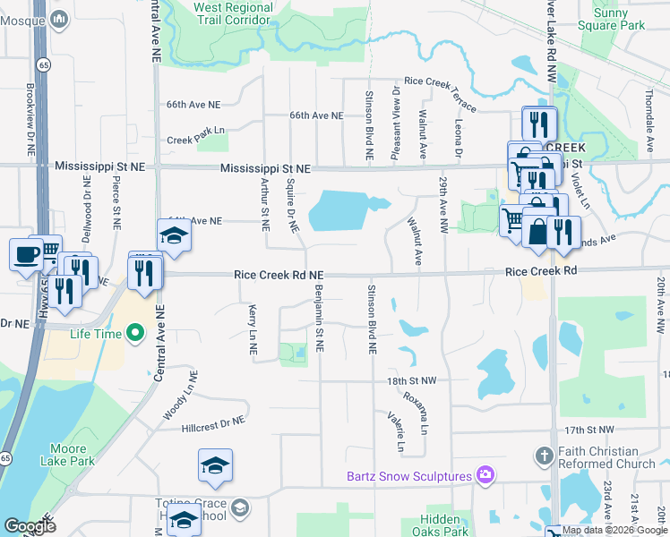 map of restaurants, bars, coffee shops, grocery stores, and more near 1613 Rice Creek Road Northeast in Minneapolis