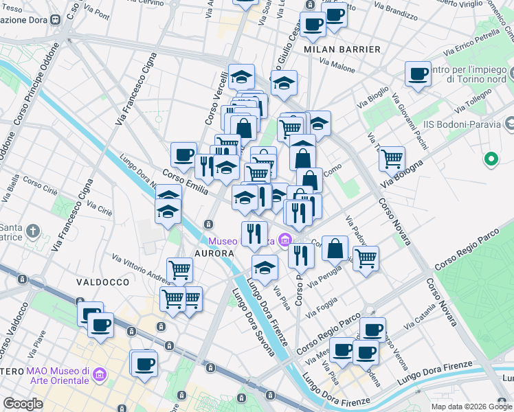 map of restaurants, bars, coffee shops, grocery stores, and more near 16 Via Aosta in Torino