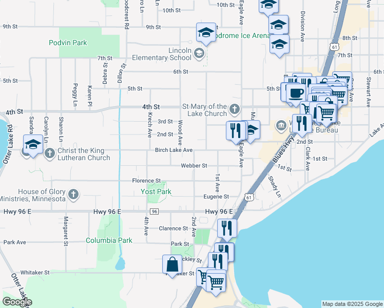 map of restaurants, bars, coffee shops, grocery stores, and more near 1920 Birch Lake Avenue in White Bear Lake