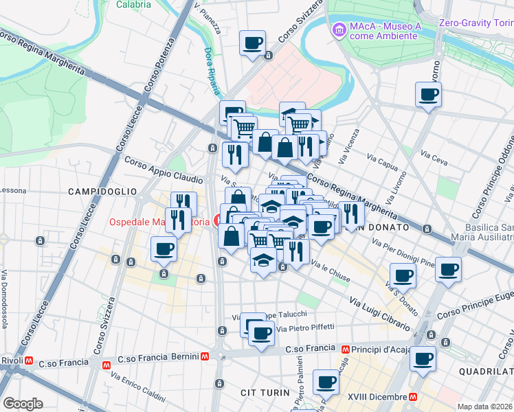 map of restaurants, bars, coffee shops, grocery stores, and more near 81 Via San Donato in Torino