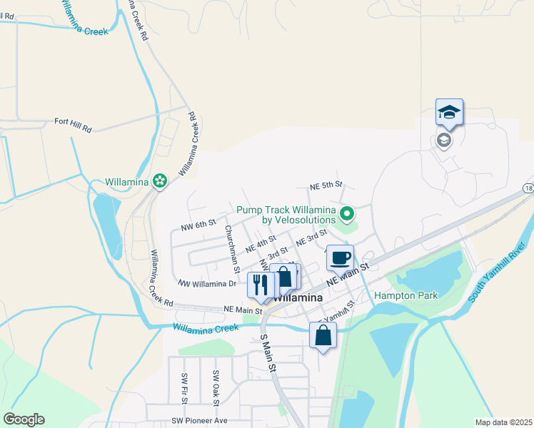 map of restaurants, bars, coffee shops, grocery stores, and more near 772 Northeast C Street in Willamina