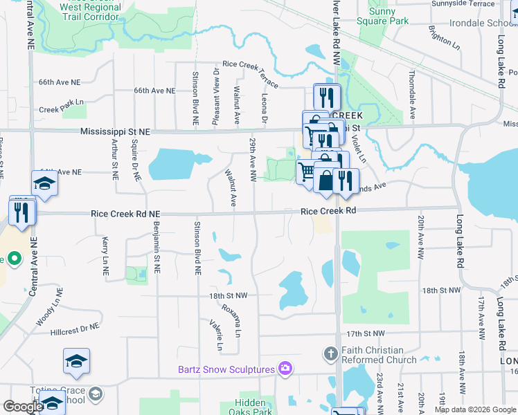 map of restaurants, bars, coffee shops, grocery stores, and more near 2009 29th Avenue Northwest in New Brighton