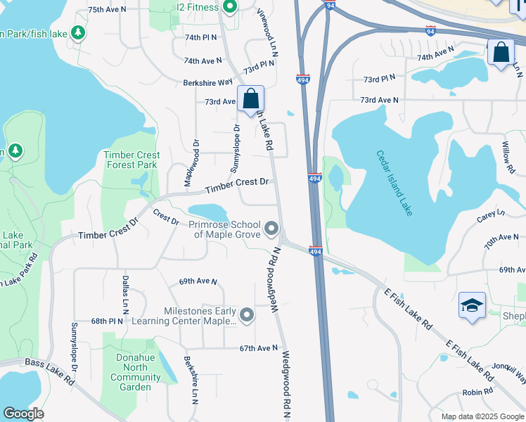 map of restaurants, bars, coffee shops, grocery stores, and more near 13375 70th Place North in Osseo