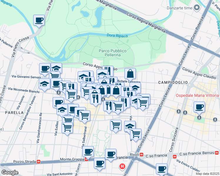 map of restaurants, bars, coffee shops, grocery stores, and more near 100 Corso Monte Grappa in Turin