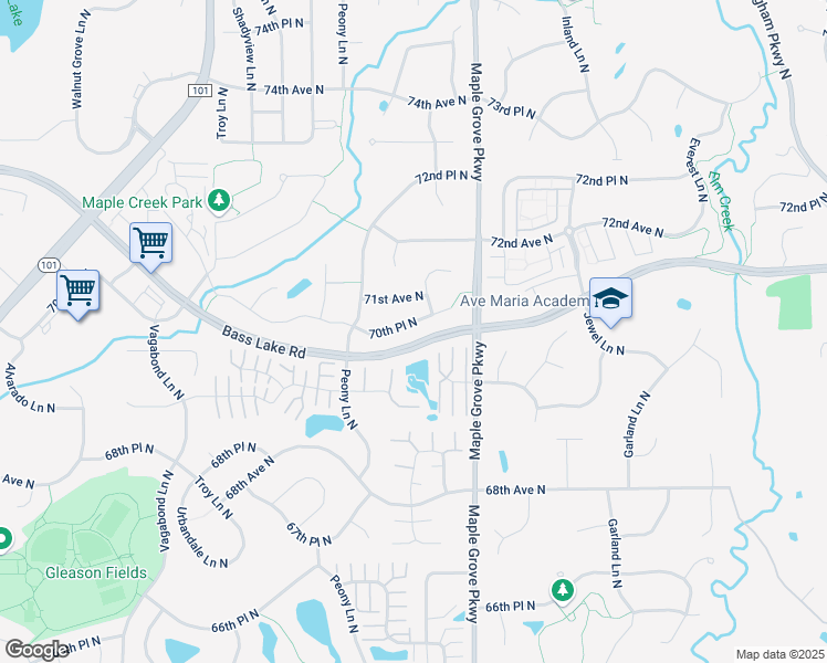 map of restaurants, bars, coffee shops, grocery stores, and more near 17649 70th Place North in Osseo