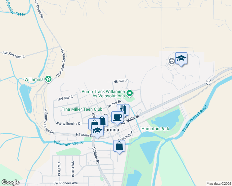map of restaurants, bars, coffee shops, grocery stores, and more near 710 Northeast E Street in Willamina