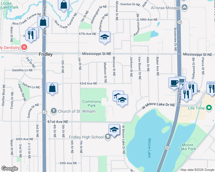 map of restaurants, bars, coffee shops, grocery stores, and more near 680 63rd Avenue Northeast in Fridley