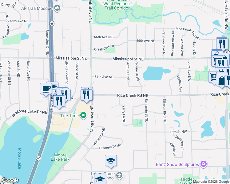 map of restaurants, bars, coffee shops, grocery stores, and more near 1443 Rice Creek Road Northeast in Fridley