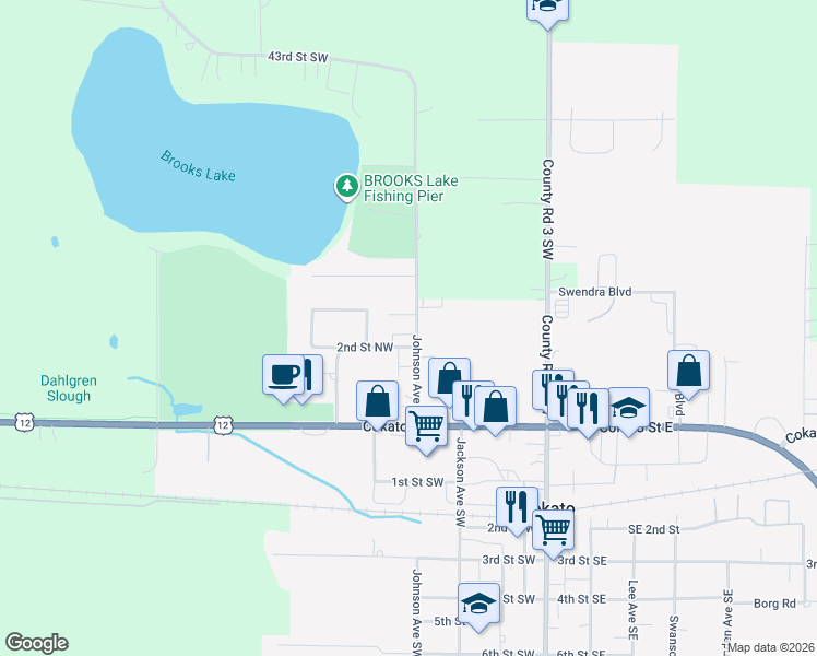 map of restaurants, bars, coffee shops, grocery stores, and more near 230 Johnson Avenue Northwest in Cokato