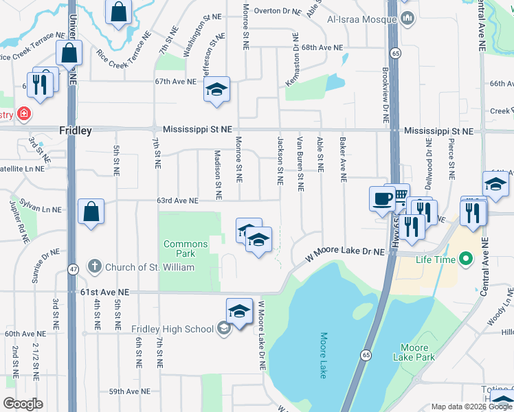 map of restaurants, bars, coffee shops, grocery stores, and more near 740 63rd Avenue Northeast in Fridley