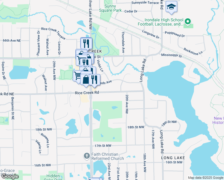 map of restaurants, bars, coffee shops, grocery stores, and more near 2200 Rice Creek Road in New Brighton