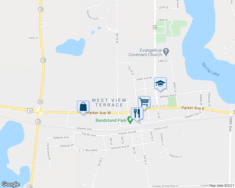 map of restaurants, bars, coffee shops, grocery stores, and more near 751 5th Street North in Dassel