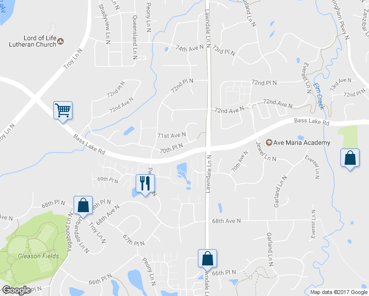 map of restaurants, bars, coffee shops, grocery stores, and more near 17649 70th Place North in Osseo