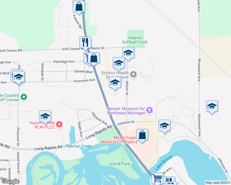 map of restaurants, bars, coffee shops, grocery stores, and more near 355 Wilson Street in Alpena