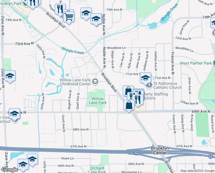 map of restaurants, bars, coffee shops, grocery stores, and more near 7021 Brooklyn Boulevard in Brooklyn Center