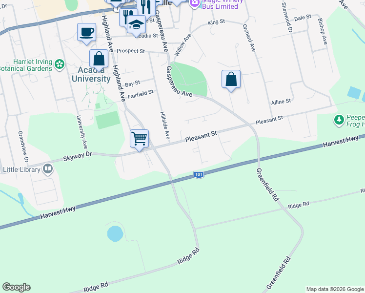 map of restaurants, bars, coffee shops, grocery stores, and more near 195 Pleasant Street in Wolfville