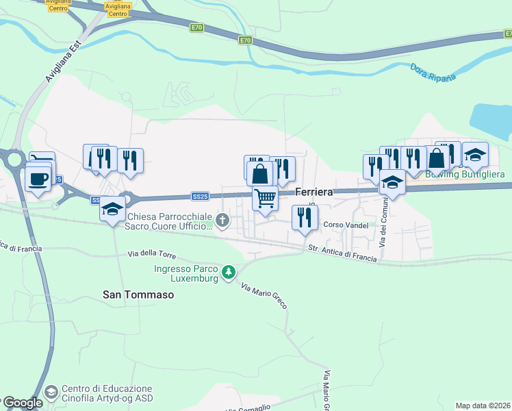 map of restaurants, bars, coffee shops, grocery stores, and more near 5 Via Rocciamelone in Ferriera