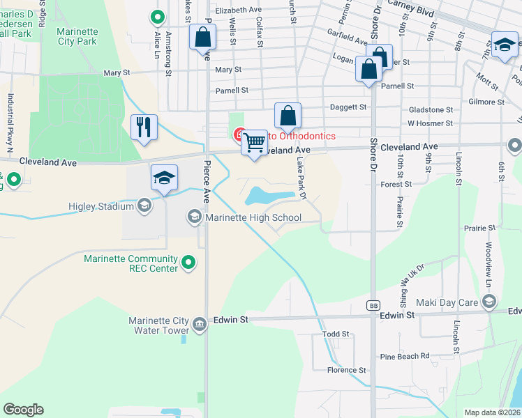 map of restaurants, bars, coffee shops, grocery stores, and more near 2111 Jordan Drive in Marinette