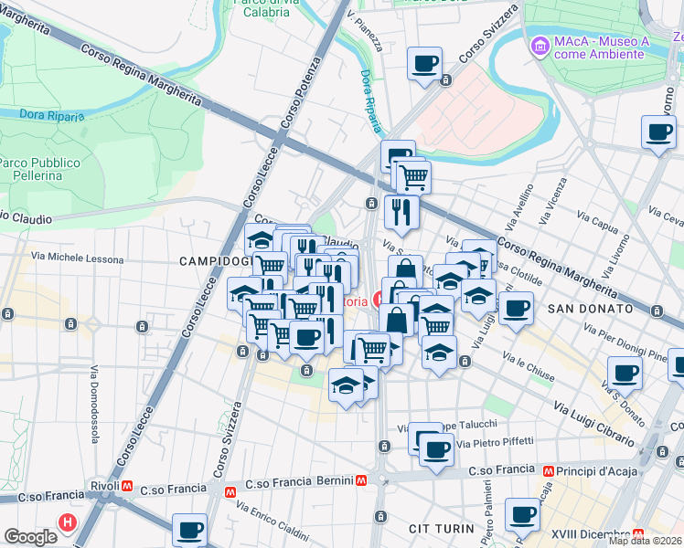 map of restaurants, bars, coffee shops, grocery stores, and more near 17 Via Rivara in Turin