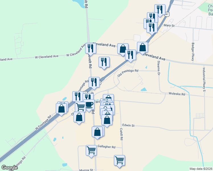 map of restaurants, bars, coffee shops, grocery stores, and more near W1248 Old Peshtigo Road in Marinette