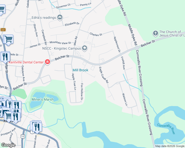 map of restaurants, bars, coffee shops, grocery stores, and more near 29 Mackinnon Court in Kentville