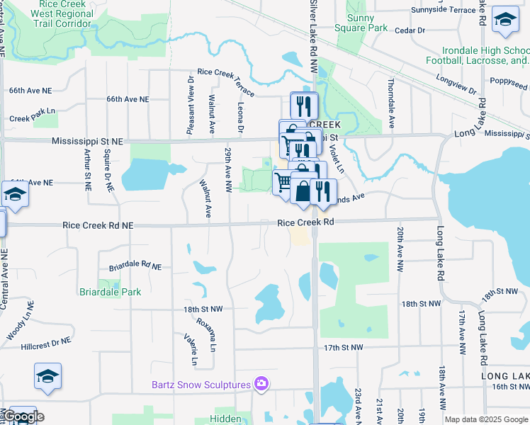 map of restaurants, bars, coffee shops, grocery stores, and more near 2653 Rice Creek Road in New Brighton