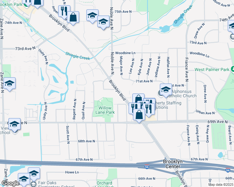 map of restaurants, bars, coffee shops, grocery stores, and more near 7021 Brooklyn Boulevard in Brooklyn Center