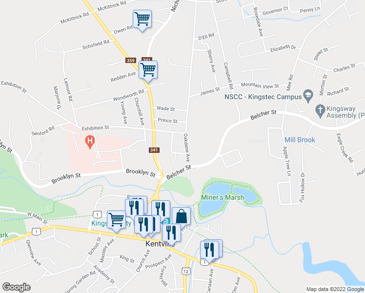 map of restaurants, bars, coffee shops, grocery stores, and more near 24 Oakdene Avenue in Kentville