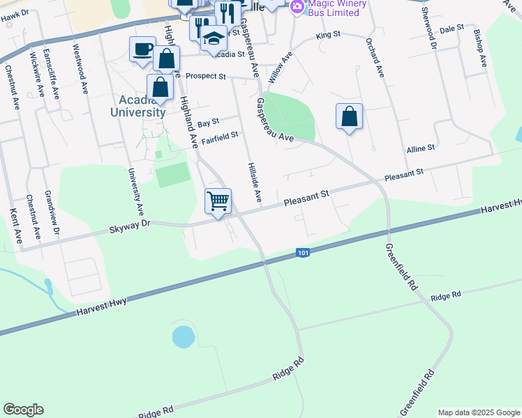 map of restaurants, bars, coffee shops, grocery stores, and more near 232 Pleasant Street in Wolfville