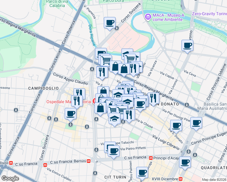 map of restaurants, bars, coffee shops, grocery stores, and more near 79-81 Via San Donato in Turin