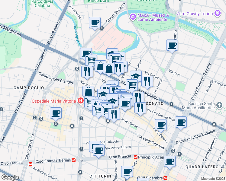 map of restaurants, bars, coffee shops, grocery stores, and more near 70 Via San Donato in Turin