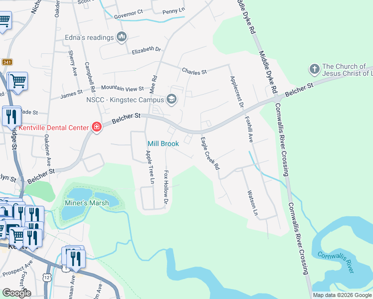 map of restaurants, bars, coffee shops, grocery stores, and more near 29 Mackinnon Court in Kentville