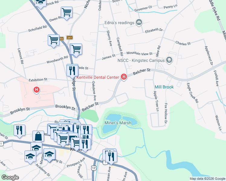 map of restaurants, bars, coffee shops, grocery stores, and more near 108 Belcher Street in Kentville