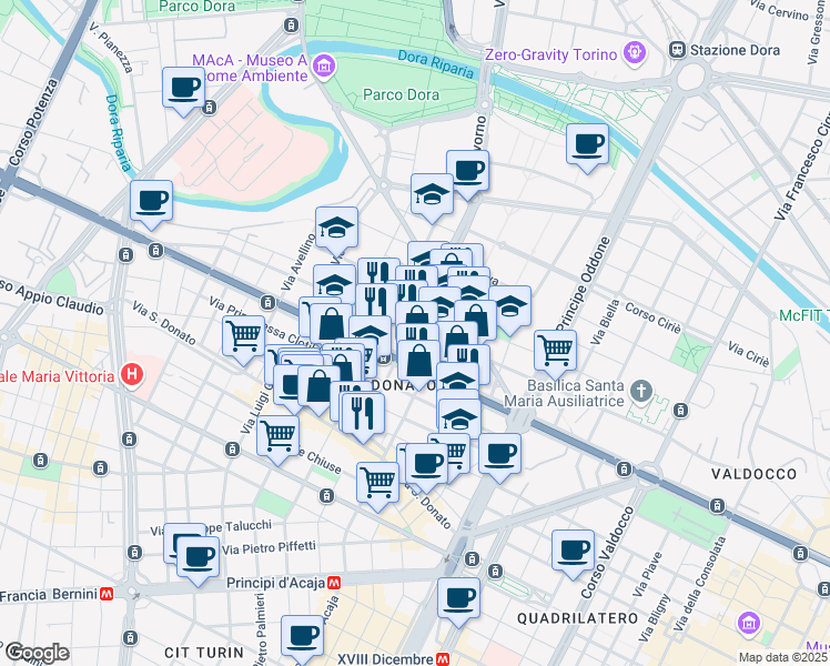 map of restaurants, bars, coffee shops, grocery stores, and more near 220 Corso Regina Margherita in Torino