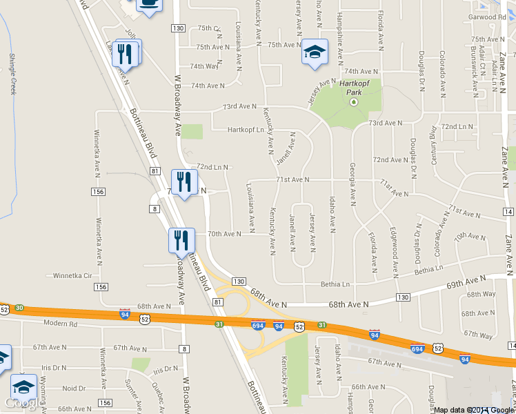 map of restaurants, bars, coffee shops, grocery stores, and more near 7017 Louisiana Avenue North in Minneapolis