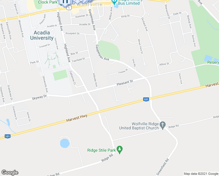 map of restaurants, bars, coffee shops, grocery stores, and more near 185 Pleasant Street in Wolfville