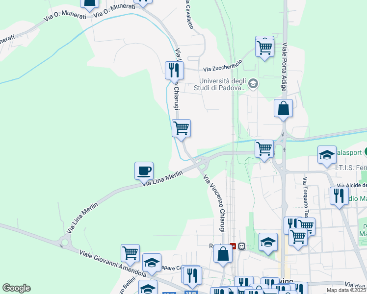 map of restaurants, bars, coffee shops, grocery stores, and more near Via Vincenzo Chiarugi in Rovigo