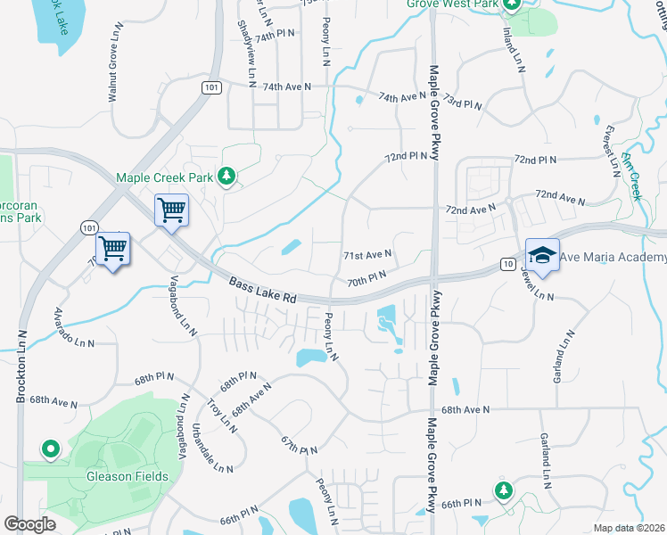 map of restaurants, bars, coffee shops, grocery stores, and more near 7063 Peony Lane North in Maple Grove