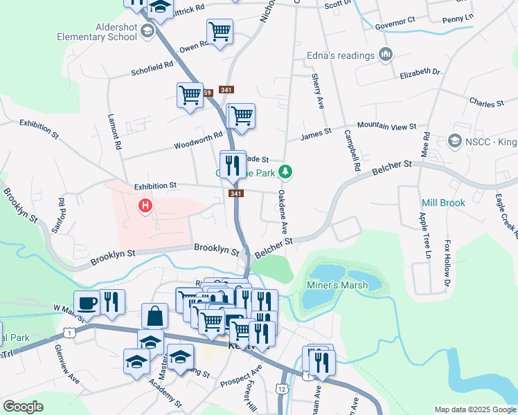 map of restaurants, bars, coffee shops, grocery stores, and more near 22 Caldwell Avenue in Kentville