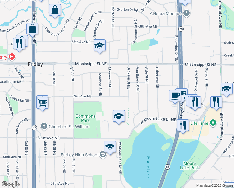map of restaurants, bars, coffee shops, grocery stores, and more near 740 63rd Avenue Northeast in Fridley