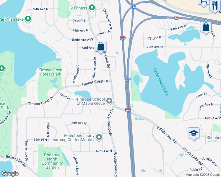 map of restaurants, bars, coffee shops, grocery stores, and more near 13375 70th Place North in Osseo
