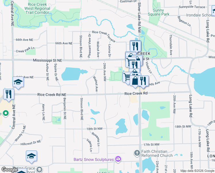map of restaurants, bars, coffee shops, grocery stores, and more near 2009 29th Avenue Northwest in New Brighton
