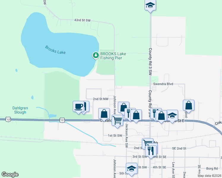 map of restaurants, bars, coffee shops, grocery stores, and more near 230 Johnson Avenue Northwest in Cokato
