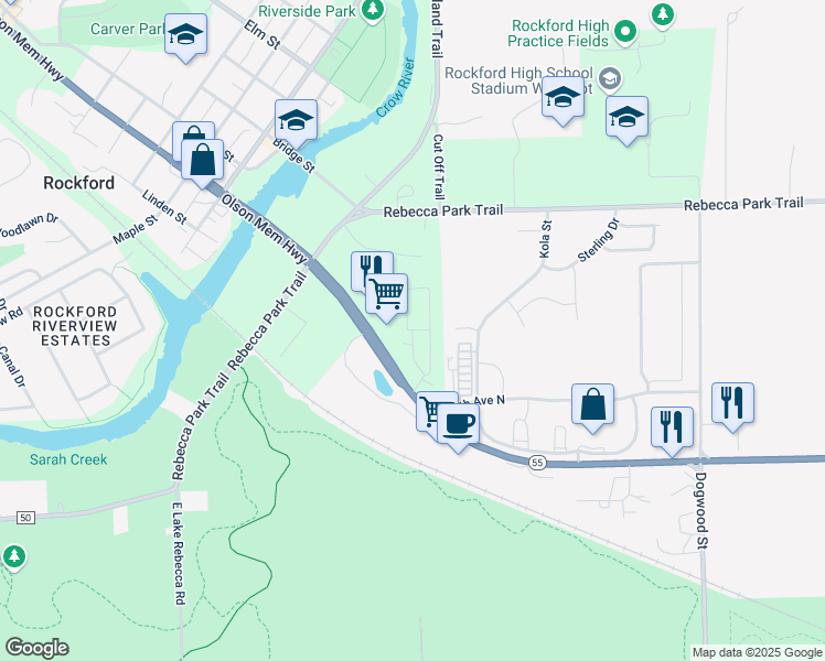 map of restaurants, bars, coffee shops, grocery stores, and more near Terrace Street in Rockford